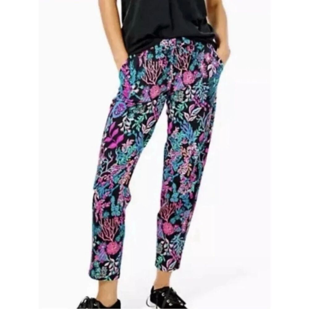 Lilly Pulitzer Emora Knit Pants Medium Onyx Twilight Coral Pull On 28" Inseam